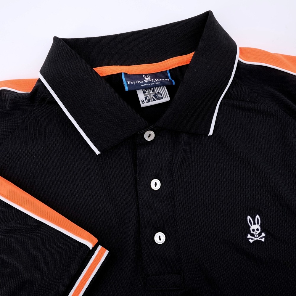 Psycho Bunny Stripe Logo Performance Polo Shirt Black Short Sleeve Mens 8 XXL